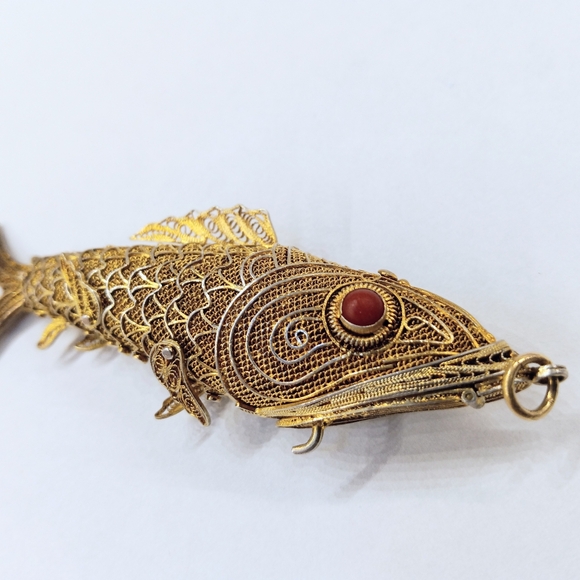 Antique 3 3/8" Articulated Fish Vermeil 800 Silver Chatelaine Perfume Pendant - Picture 4 of 9